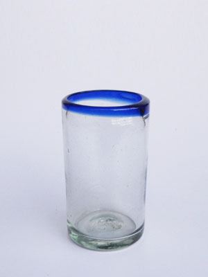 Wholesale MEXICAN GLASSWARE / 'Cobalt Blue Rim' juice glasses  / For those who enjoy fresh squeezed fruit juice in the morning, these small glasses are just the right size. Made from authentic recycled glass.